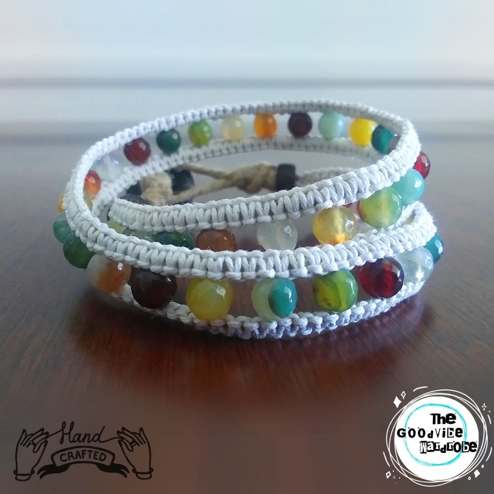Agate & Hemp Double Wrap Bracelet/Choker Necklace